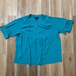 Susan Graver Women's Roll Tab Sleeve Top Shirt Blouse Button turquoise  3X￼